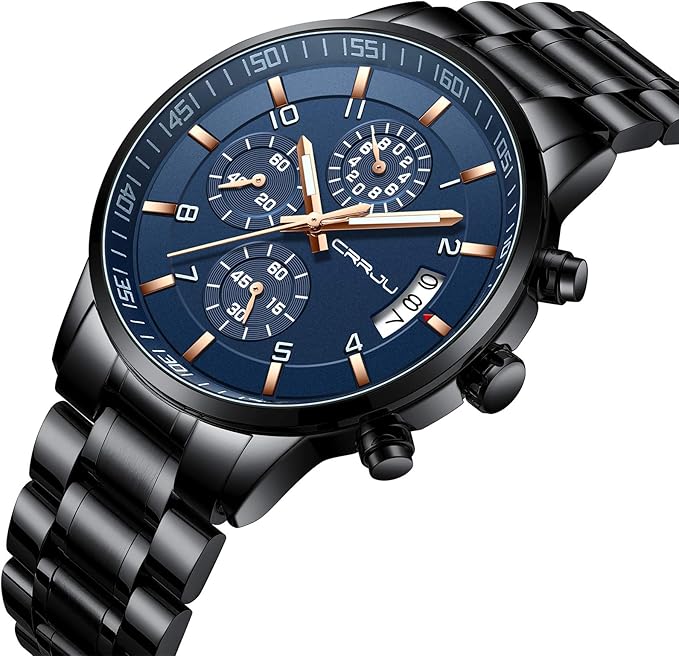 CRRJU Men's Fashion Stainless Steel Watches Date Waterproof Chronograph Wristwatches,Black Steel Band Waterproof Quartz Watch for Men