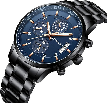 CRRJU Men's Fashion Stainless Steel Watches Date Waterproof Chronograph Wristwatches,Black Steel Band Waterproof Quartz Watch for Men