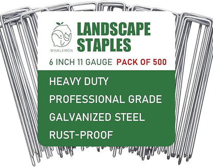 500 Pack Landscape Staples 6 Inches 11 Gauge Stakes, Galvanized Garden Stakes U-Shaped Pins and Landscaping Staples for Sod Anchoring Landscape Fabric Irrigation Tubing(500pack-N)