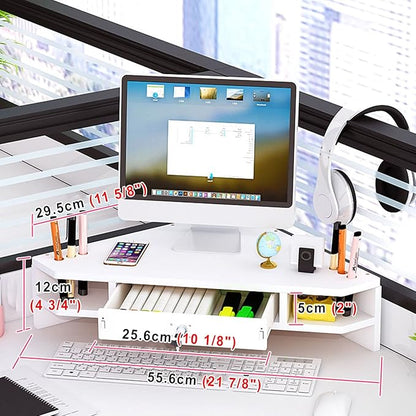 White Corner Monitor Riser with Drawer, Triangle Screen Stand with Lock, Ergonomic Computer Monitor Stand, Triangle Storage Desk Stand