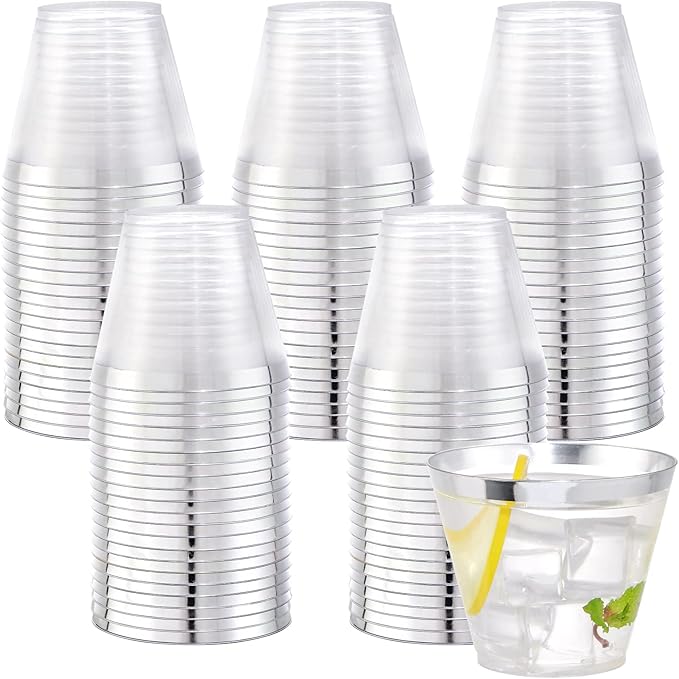 WELLIFE 120PCS Silver Disposable Plastic Cups,9 oz Clear Plastic Cups,Disposable Wine Glasses for Party and Wedding