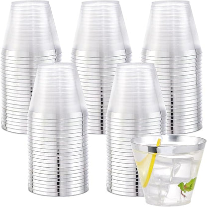 WELLIFE 120PCS Silver Disposable Plastic Cups,9 oz Clear Plastic Cups,Disposable Wine Glasses for Party and Wedding