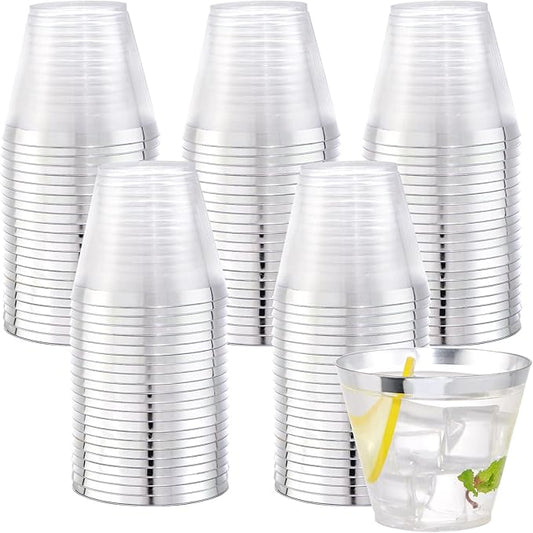 WELLIFE 120PCS Silver Disposable Plastic Cups,9 oz Clear Plastic Cups,Disposable Wine Glasses for Party and Wedding