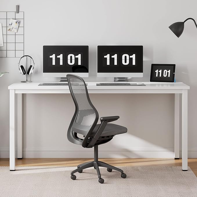 Need 63 Inch Large Computer Desk - Modern Simple Style Home Office Gaming Desk, Basic Writing Table for Study Student, White Metal Frame, White