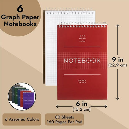 Juvale 6 Pack Quad Ruled 6x9 Inch Top Bound Spiral Graph Paper Notebook - 80 Sheets / 160 Writable Page Steno Notepads for Writing, Sketching, Drawing, School Supplies (6 Colors)