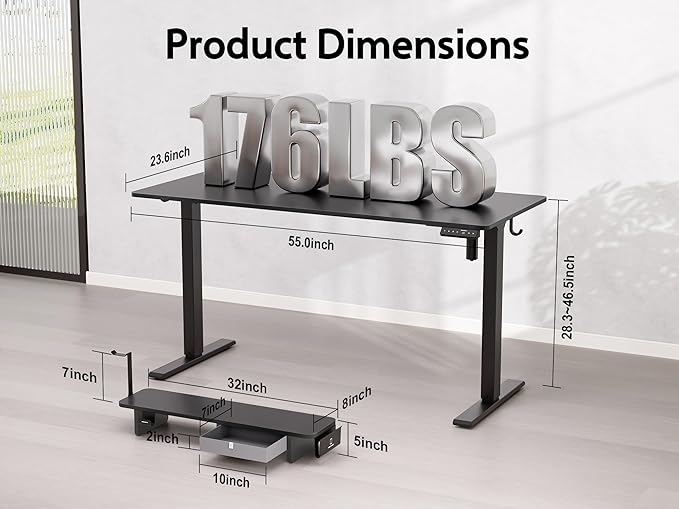 55x24 Inches Electric Standing Desk with Drawer and Monitor Stand, Height Adjustable Stand up Desk for Home Office, Ergonomic Sit to Stand Table with Phone Holder, 3 Hooks, Black