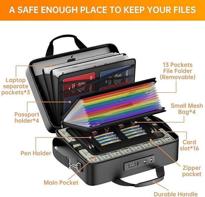 ENGPOW Fireproof Document Box with Lock, Fireproof Water Resistant Hard Case File Organizer Safe Box with Multi Pockets, Protects Important Documents Certificates Laptop Passports (Black)