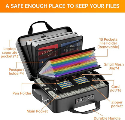 ENGPOW Fireproof Document Box with Lock, Fireproof Water Resistant Hard Case File Organizer Safe Box with Multi Pockets, Protects Important Documents Certificates Laptop Passports (Black)