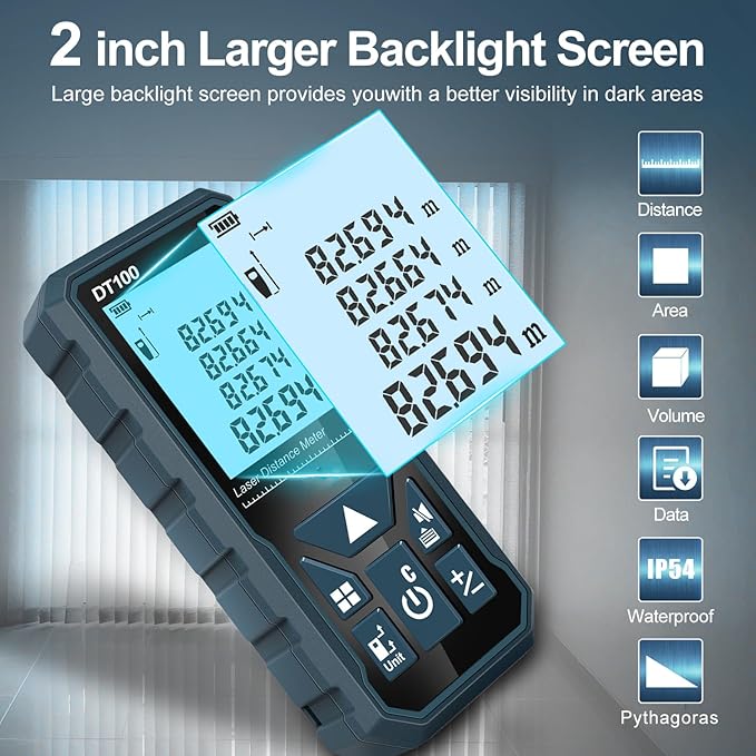 HANMATEK Laser Measure 328 Feet Digital Laser Tape Measure M/in/Ft Unit Switching Backlit LCD and Pythagorean Mode, Measure Distance, Area and Volume - Hand Strap and Battery Included DT100