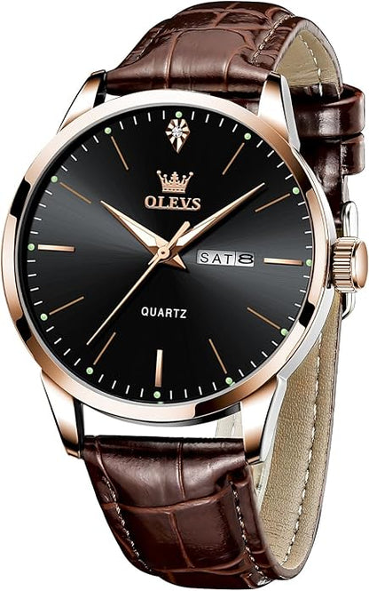 OLEVS Mens Watches, Dress Waterproof Classic Analog Casual Luxury Wrist Watch for Men with Date, Easy to Read Relojes para Hombres Male Quartz Wristwatch with Brown Black Leather Band Blue Black Dial