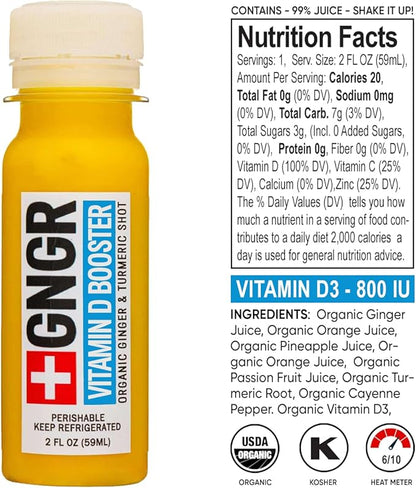 +GNGR Vitamin D Booster – Tropical Immunity Booster Edition Cold-Pressed Ginger Shot with Pineapple, Passion Fruit, Orange, Turmeric & Vitamin D3. Mood, Immunity & Energy. 2 fl oz (Pack of 12)
