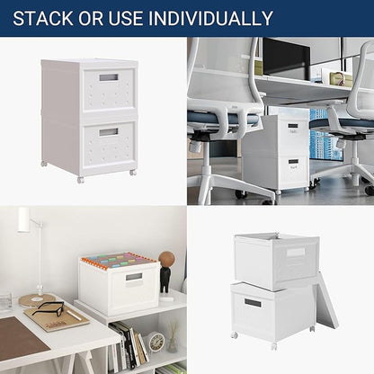 Collapsible Stackable Rolling File Boxes with Lids and 10 Hanging Files, Portable Plastic Storage Organizer with wheels for Home or Office, 2-Pack