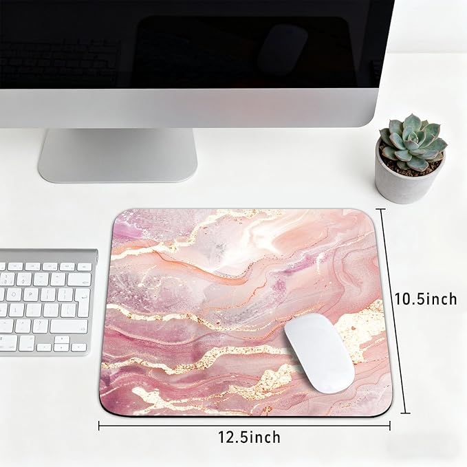 Pink Gold Marble Patterns Desk Mat, Large Gaming Mouse Pad Non-Slip Rubber Base with Stitched Edges, Waterproof Protection for PC Laptop Home Office Desk Decor (12.5x10.5in)