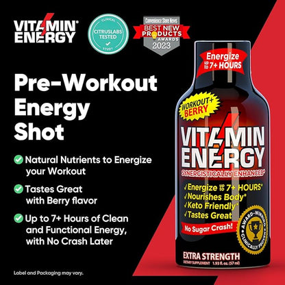 Vitamin Energy Workout+ Extra Strength Energy Shot Berry 24 Pack, 260mg Natural Caffeine, Pre-Workout, B-Vitamins, Minerals, Endurance & Performance, Zero Sugar, Gluten-Free, Vegan, 1.93 fl oz