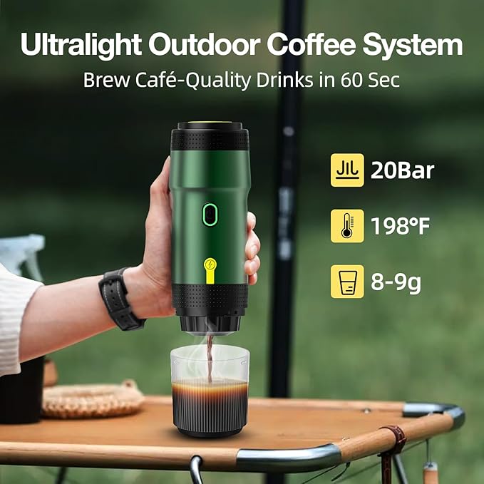 LumoShine Portable Electric Espresso Machine,Travel Coffee Maker for Camping,Car Coffee Maker Self-Heating with USB-DC, Compatible with Ground Coffee & Capsule for Hiking,Office,RV - Green