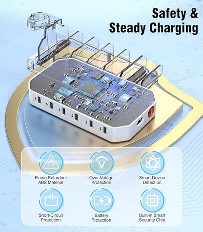 𝟐𝟎𝟐𝟓 𝐔𝐩𝐠𝐫𝐚𝐝𝐞𝐝 Charging Station for Multiple Devices【Tested Safer & Efficient Charging】 6-Port USB Charging Dock Compatible with iPhone/Android/MacBook/Tablet/Kindle & Other Electronic