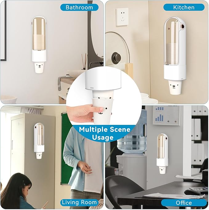 Cup Dispenser, Disposable Cup Holder for 5-7 oz Paper Cups and Plastic Cups, Wall Mount Water Cooler Cup Holder for Bathroom Office Home Gym, Pull Type Water Cup Dispenser with Clear Window - White