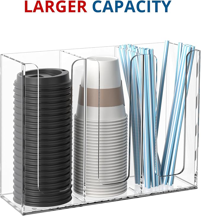 Acrylic Cup and Lid Holder, 3 Compartment, Disposable Coffee Cup Dispenser Cup Storage Organizer, Clear