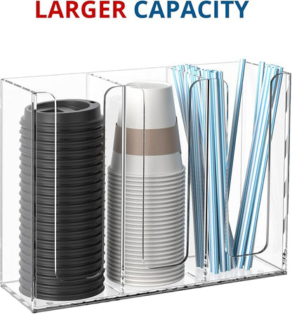 Acrylic Cup and Lid Holder, 3 Compartment, Disposable Coffee Cup Dispenser Cup Storage Organizer, Clear