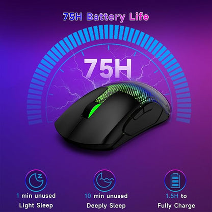 FFJ Master02 Wireless Gaming Mouse, 12000 DPI, Tri-Mode 2.4G/USB-C/Bluetooth 5.3 Gaming Mouse, Python Skin Texture RGB Backlit, 6 Programmable Buttons, 75Hr Battery Life for PC, Mac, PS5, XBOX - Black