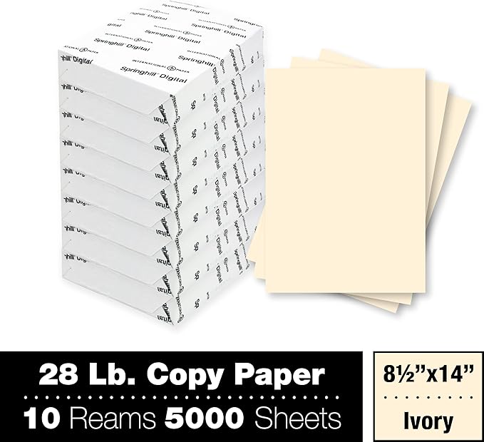 Springhill 8.5” x 14” Ivory Copy Paper, 28lb Bond/70lb Text, 104gsm, 2,000 Sheets (8 Ream) – Colored Printer Paper with Smooth Finish – Versatile and Flexible Computer Paper – 024160C
