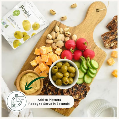 Poshi Green Olives On-The-Go - Original Flavor - Single Serve Pitted Olives - Convenient and Healthy Snack Packs - All Natural, Non-GMO, Kosher, Gluten-Free - 1.1 Oz Bags (10/Pack)