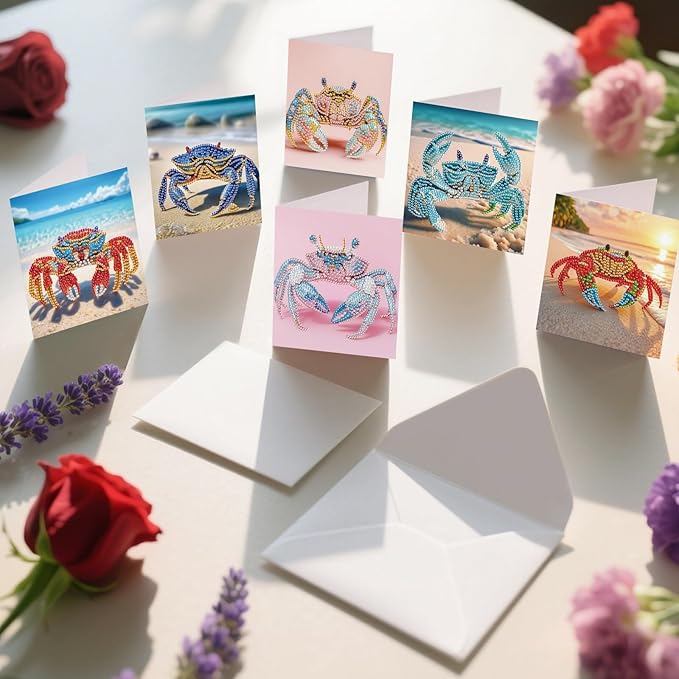 jinglinhh 12pcs Diamond Art Painting Beach Crab Seashell Conch Seaturtle Greeting Cards with Envelopes, DIY Card Making Kits for Adults, Diamond Art Postcards Christmas Cards Craft Gifts
