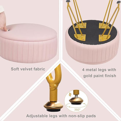 Round Vanity Stool with Storage Ottoman,Vanity Chair for Makeup Room with Removable Cover, Small Footrest Ottoman for Home, Living Room, Bedroom (Pink)