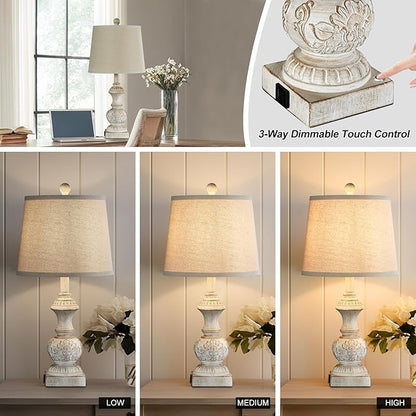 Farmhouse 3 Way Dimmable Touch Table Lamps for Living Room Set of 2 Traditional Rustic Bedside Lamps for Bedroom Nightstand 23.5" Vintage Carved Floral Night Light Lamps with USB Ports Bulb Included