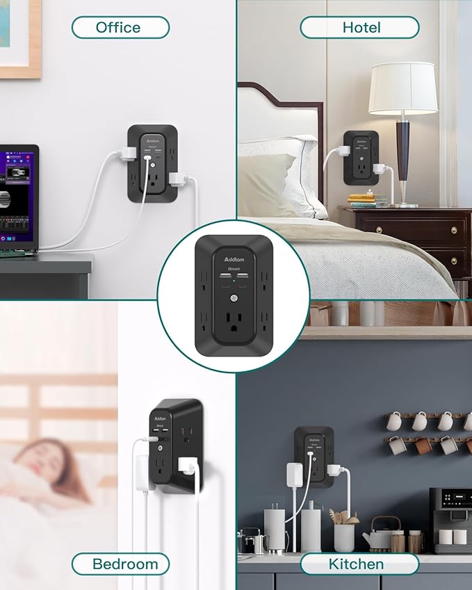 Surge Protector Outlet Extender, Addtam Multi Plug Wall Outlet with 4 USB Ports(2 USB-C), 3-Sided 1800J Power Strip Plug Extension Outlet Splitter, Black