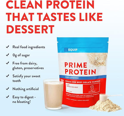 Equip Foods Prime Protein Powder | Clean, Grass Fed Beef Protein Powder | Carnivore Protein Isolate | Paleo, Keto Friendly | Gluten & Dairy Free | Helps Build & Repair Tissue | 30 Servings, Unflavored