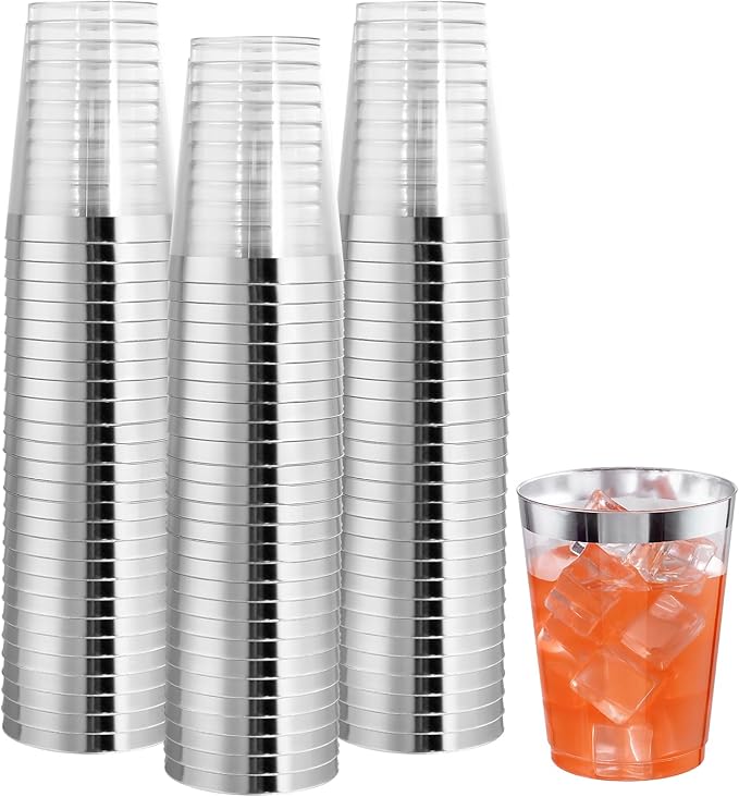 I00000 100PCS Silver Plastic Cups,10 oz Clear Plastic Cups with Silver Trim, Heavy-Duty Disposable Hard Cup For Party, Premium Cup Perfect for Wedding & Party