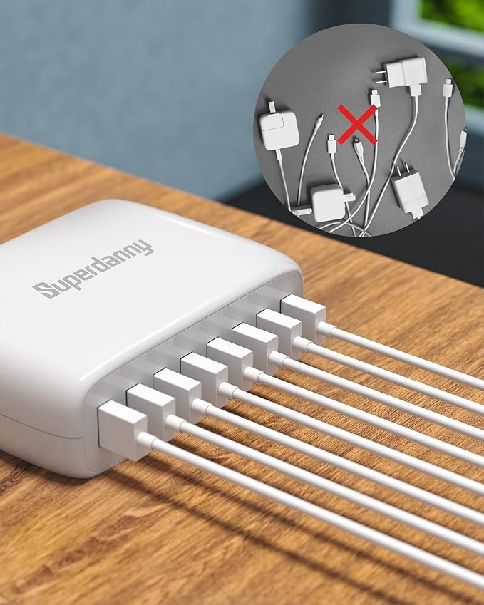 USB Charger Station, SUPERDANNY 8-Port Desktop Charging Station for Multiple Devices, Compatible with iPhone 11/X/Xs/Max/XR/SE/8/Plus, iPad Pro/Air/Mini, AirPods, Galaxy S10 Note, LG, and More, White
