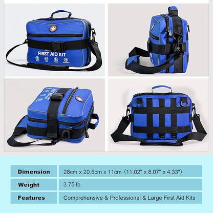 Professional 435 Pieces Large First Aid Kit - Includes Compressed Gauze - Compartments Emergency Medical Kit for Home, Camping, Backpacking, Travel, Boat, Car,Outdoors (Blue)