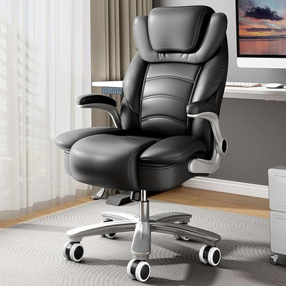 GYI Big and Tall Office Chair 400lb Wide Seat, Ergonomic High Back Leather Executive Desk Chair with Flip-up Arms, Black