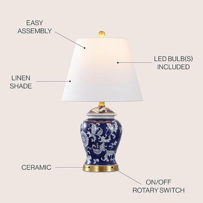 JONATHAN Y JYL3005D Penelope 22" French Country Cottage Ceramic/Iron Chinoiserie Ginger Jar LED Table Lamp, Navy/White for Bedroom, Living Room, Office, College