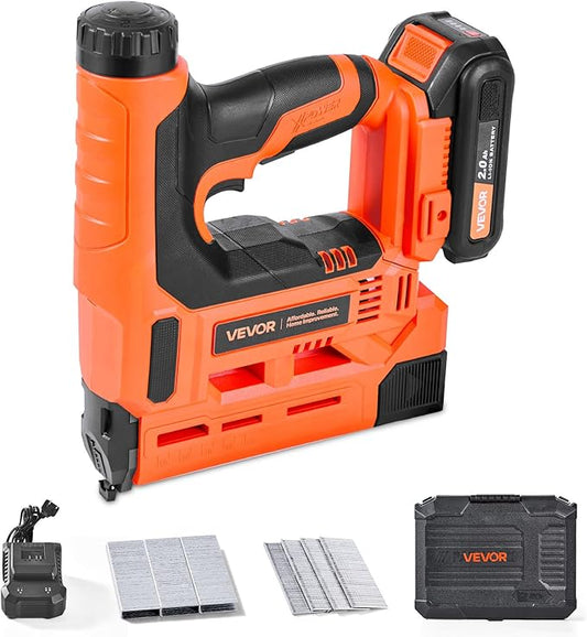 VEVOR Cordless Brad Nailer, 2-in-1 Nail Gun Staple Gun, 18 Gauge 1-1/4 inch, Includes 500 Pcs Staples and 500 Pcs Nails, with Battery and Charger, Non-Slip Rubber Grip, for Woodworking DIY Projects