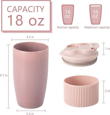 Ceramic Travel Coffee Mug with Polypropylene Lid and Insulated Sleeve, 16 oz, Portable Coffee Cup for Car Cup Holder, Transmutation Glaze Microwave and Dishwasher Safe(Pinkish Purple)