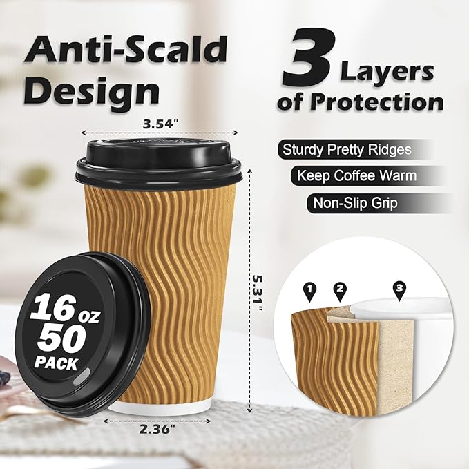 Lamosi 16 oz Disposable Coffee Cups with Lids, 50 Pack Insulated Hot Cups To Go Paper Coffee Cups with Lids and Straws, Corrugated Ripple Wall Cup for Hot Drink, Office, Coffee Bar (Champagne)