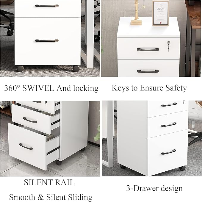 File Cabinet 3 Drawers with 1 Lock Wooden Rolling Mobile Filing Cabinet with Wheels for Home Office Under Desk File Cabinet Office Storage Cabinet, White