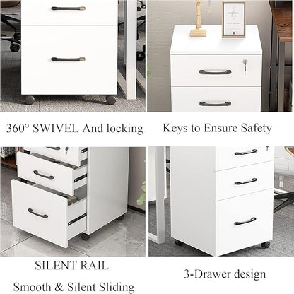 File Cabinet 3 Drawers with 1 Lock Wooden Rolling Mobile Filing Cabinet with Wheels for Home Office Under Desk File Cabinet Office Storage Cabinet, White