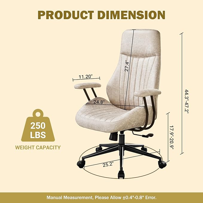 High Back Padded Headrest Office Chair, Suede Ergonomic Executive Office Chair with Lumbar Support, Adjustable Height Home Office Desk Chair with Armrests, Rolling Swivel Computer Gaming Chair, Beige