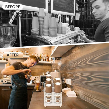 Paper Cup Dispenser, Cup and Lid Holder with 6 Slots, Disposable Coffee Cup Storage Organizer for Countertop, Office, Home, Breakroom, Restaurant, Coffee Station (White)