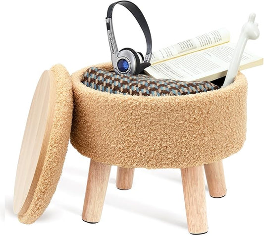 Poofzy Small Ottoman with Storage, Small Foot Stool Ottoman with Wood Legs, Sherpa Foot Rest for Couch, Living Room and Bedroom - Champagne
