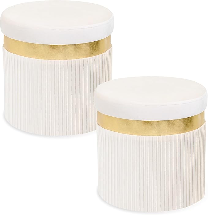 Small Ottoman with Storage,Folding Round Ottoman with Gold Trim,Velvet Storage Stool,Foot Stool with Soft Padded,Foot Rest for Living Room13“x13”x12.4(YZbeige,2pcs)