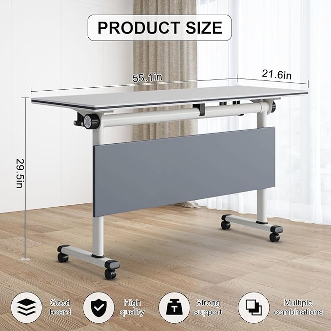 Conference Table Folding Conference Room Tables, Modern Mobile Meeting Training Table with Silent Wheels, Foldable Seminar Table for Offices, Classrooms, Libraries (4, Grey, 55.1in)