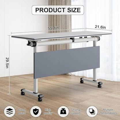Conference Table Folding Conference Room Tables, Modern Mobile Meeting Training Table with Silent Wheels, Foldable Seminar Table for Offices, Classrooms, Libraries (4, Grey, 55.1in)