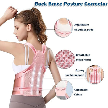 Back Brace Posture Corrector for Women,Adjustable Full Back Support and Shoulder Straightener,for Back Pain Relief,Hunchback Correction,Scoliosis,Thoracic Spine,Posture Trainer（Pink/Medium)