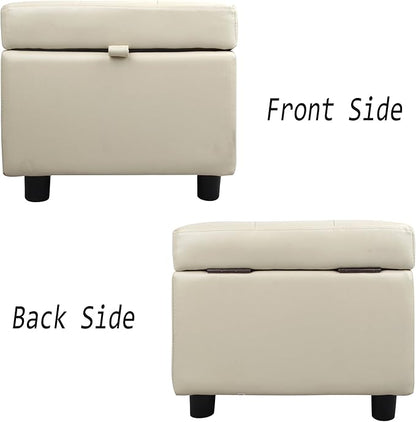 H&B Luxuries Tufted Leather Square Flip Top Storage Ottoman Cube Foot Rest (Cream with Storage)