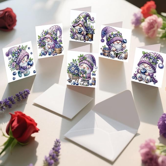 jinglinhh 12pcs Diamond Art Painting Lavender Blueberry Gnome Greeting Cards with Envelopes, DIY Card Making Kits for Adults, Diamond Art Postcards Christmas Cards Craft Gifts